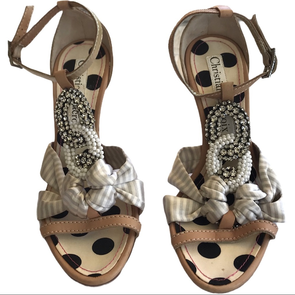 Christian Lacroix Embellished Leather & Silk  High Heel Sandals Size 8 (M. B)